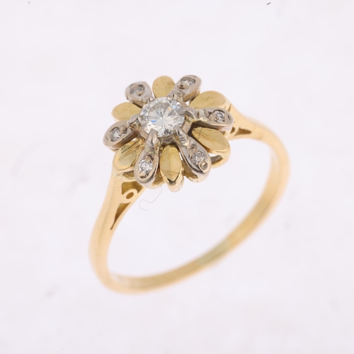 1448 - An 18ct gold diamond flowerhead cluster ring, indistinct hallmarks, set with modern round brilliant-... 