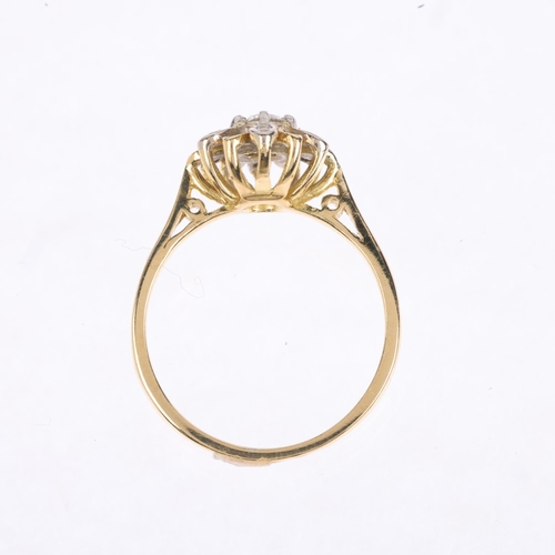 1448 - An 18ct gold diamond flowerhead cluster ring, indistinct hallmarks, set with modern round brilliant-... 