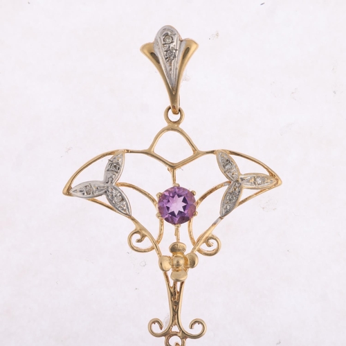 1451 - A 9ct gold amethyst and diamond openwork drop pendant, maker GA, in the Edwardian style, 49.4mm, 2.6... 