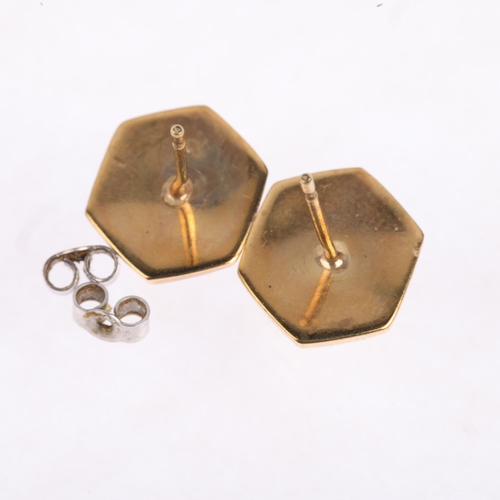 1454 - A pair of unmarked gold hexagonal panel earrings, with stud fittings, 12.1mm, 1.7g