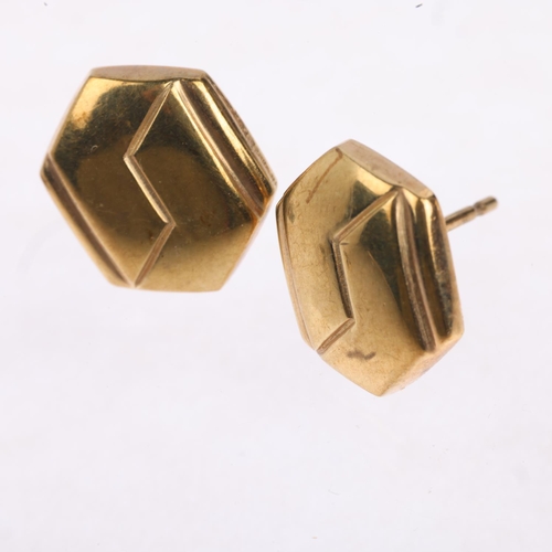 1454 - A pair of unmarked gold hexagonal panel earrings, with stud fittings, 12.1mm, 1.7g