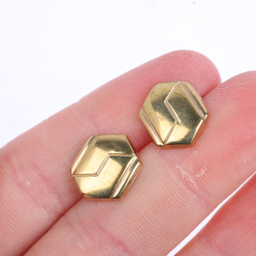 1454 - A pair of unmarked gold hexagonal panel earrings, with stud fittings, 12.1mm, 1.7g