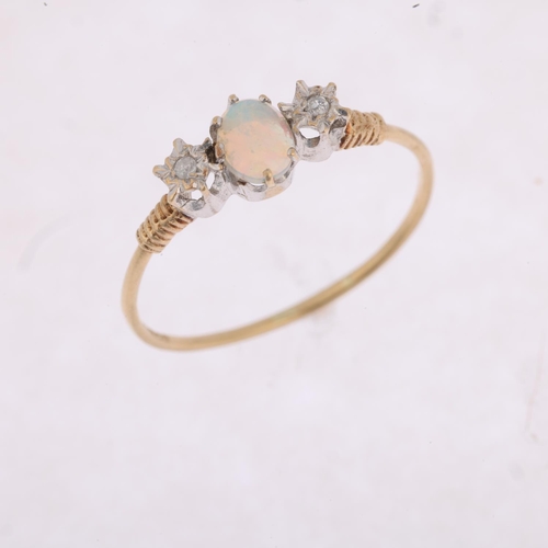 1455 - A late 20th century 9ct gold three stone opal and diamond ring, maker P&RB, Birmingham 1980, claw se... 