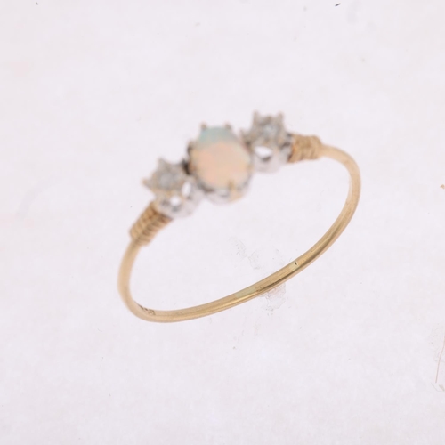 1455 - A late 20th century 9ct gold three stone opal and diamond ring, maker P&RB, Birmingham 1980, claw se... 