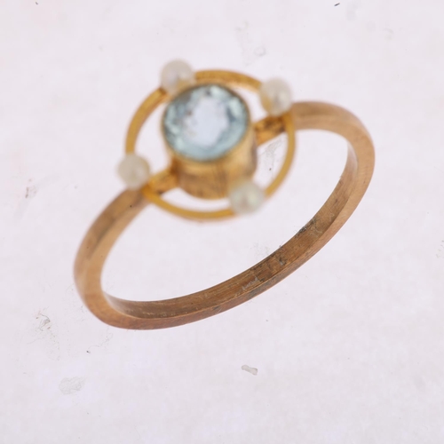 1456 - An Edwardian blue topaz and pearl openwork ring, apparently unmarked, setting height 11.2mm, size K,... 