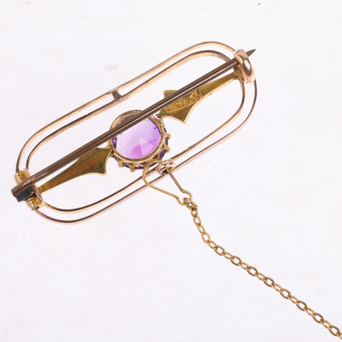 1457 - An Edwardian 9ct rose gold amethyst and pearl openwork brooch, 34.9mm, 2.9g