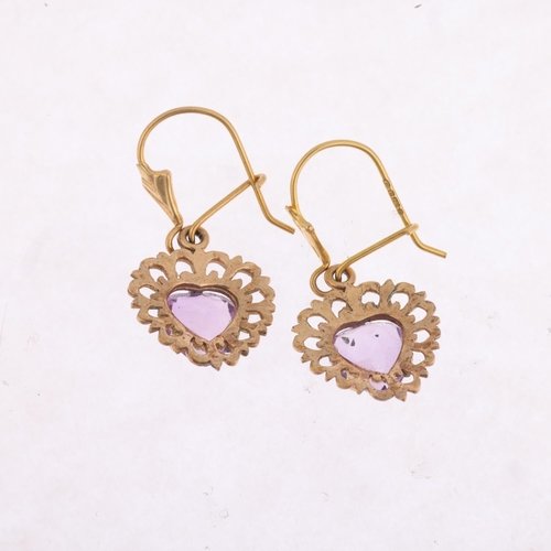 1458 - A pair of 9ct gold amethyst heart drop earrings, with French lock fittings, 24.7mm, 1.9g