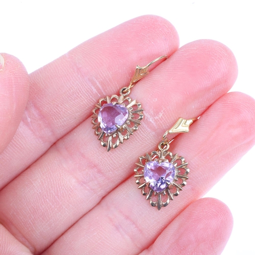 1458 - A pair of 9ct gold amethyst heart drop earrings, with French lock fittings, 24.7mm, 1.9g