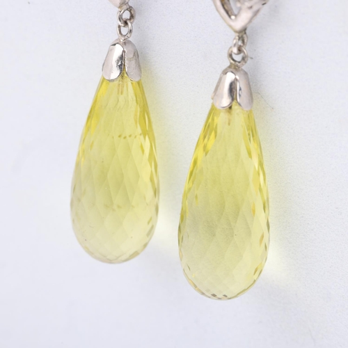 1459 - A pair of 9ct white gold lemon quartz and diamond drop earrings, set with briolette-cut quartz and m... 