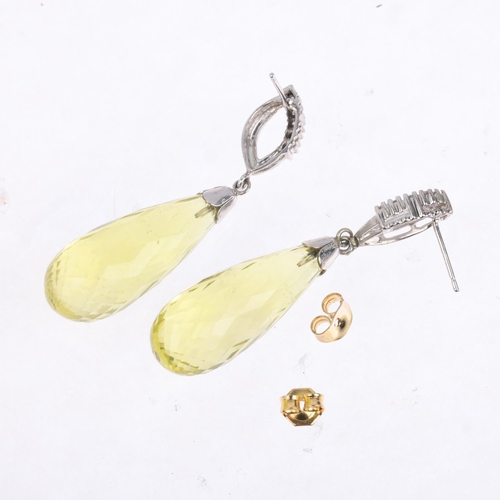 1459 - A pair of 9ct white gold lemon quartz and diamond drop earrings, set with briolette-cut quartz and m... 