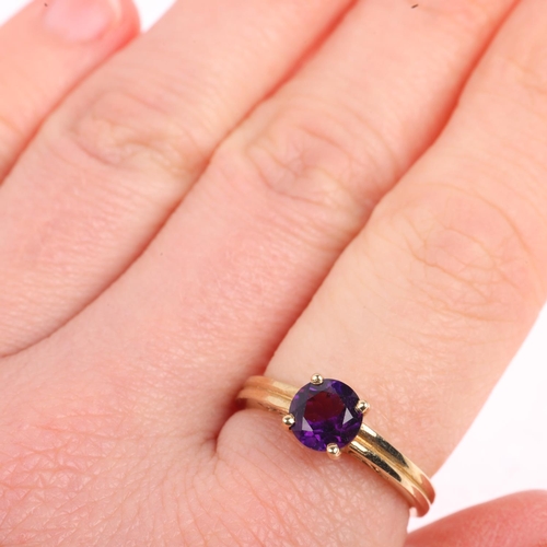 1464 - A modern 9ct gold solitaire amethyst dress ring, setting height 6.6mm, size N, 2.8g