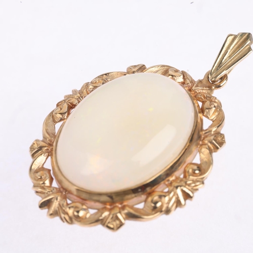 1469 - A late 20th century 9ct gold opal drop pendant, maker HBJ, London 1979, rub-over set with oval caboc... 