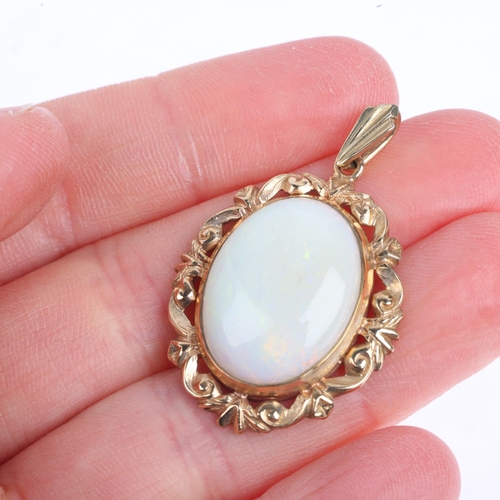 1469 - A late 20th century 9ct gold opal drop pendant, maker HBJ, London 1979, rub-over set with oval caboc... 