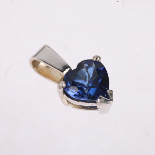 1470 - A modern sapphire heart drop pendant, unmarked settings test as 9ct white gold, 12.8mm, 0.7g