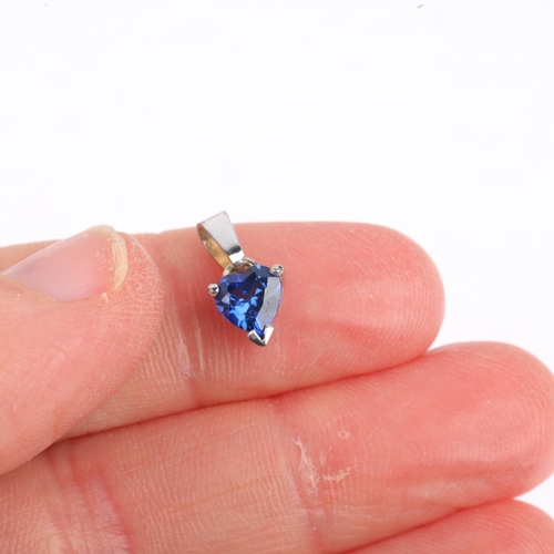 1470 - A modern sapphire heart drop pendant, unmarked settings test as 9ct white gold, 12.8mm, 0.7g