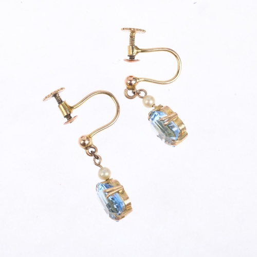 1474 - A pair of 9ct gold blue topaz and pearl drop earrings, with screw fittings, 16.9mm, 1.7g