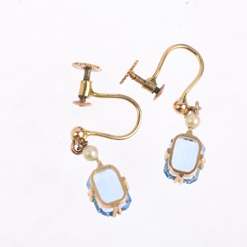 1474 - A pair of 9ct gold blue topaz and pearl drop earrings, with screw fittings, 16.9mm, 1.7g