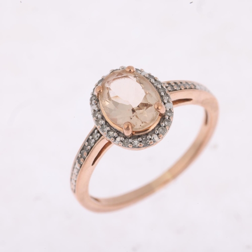 1480 - A modern 9ct rose gold smoky quartz and diamond oval cluster ring, total diamond content approx 0.1c... 