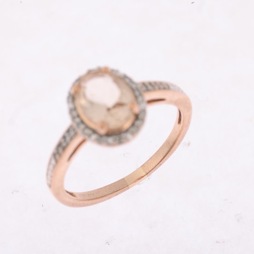 1480 - A modern 9ct rose gold smoky quartz and diamond oval cluster ring, total diamond content approx 0.1c... 