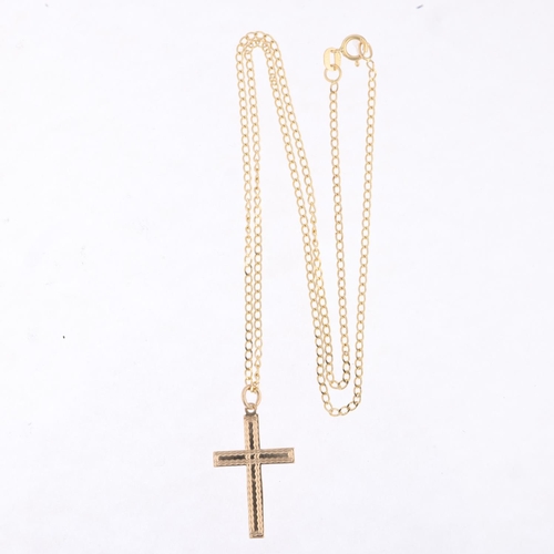 1492 - A 9ct gold cross pendant necklace, on 14ct flat curb link chain, pendant 28.1mm, chain 40cm, pendant... 