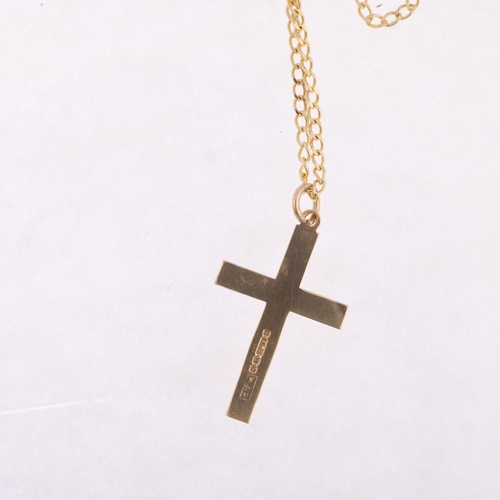 1492 - A 9ct gold cross pendant necklace, on 14ct flat curb link chain, pendant 28.1mm, chain 40cm, pendant... 