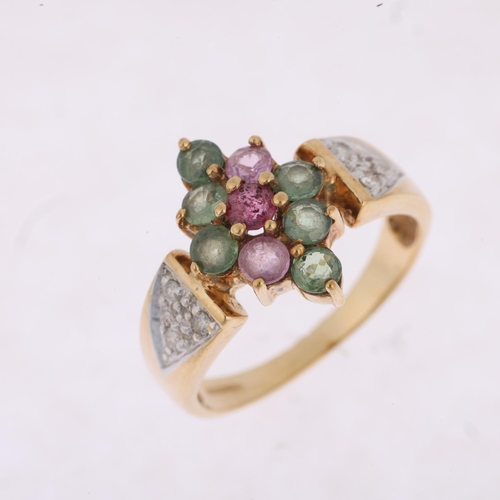 1506 - A modern 9ct gold gem set cluster dress ring, with diamond set shoulders, setting height 13.9mm, siz... 