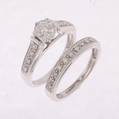 1533 - A 9ct white gold diamond engagement and half eternity ring set, total diamond content approx 0.25ct,... 