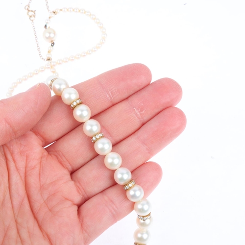 1534 - A Vintage single-row Akoya cultured pearl and diamond necklace, with diamond halo spacers and pearl ... 