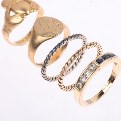 1537 - Various rings, comprising 2 x 18ct, 6g gross, 1 x 9ct, 1.6g, and 2 unmarked twisted bands, 1.8g (5)