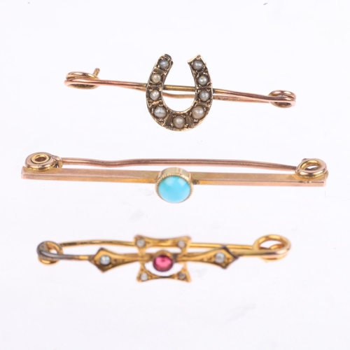 1541 - 3 Antique bar brooches, including pearl lucky horseshoe example, 3g gross (3)