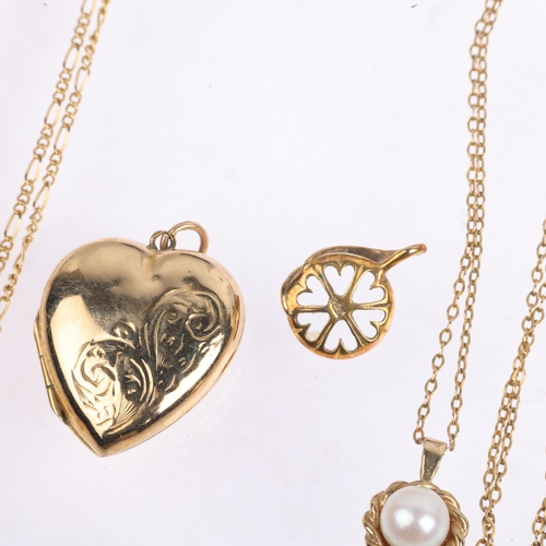 1542 - Various jewellery, comprising 2 x 9ct gold necklaces, 5.3g gross, 9ct heart locket, 3.6g, and silver... 