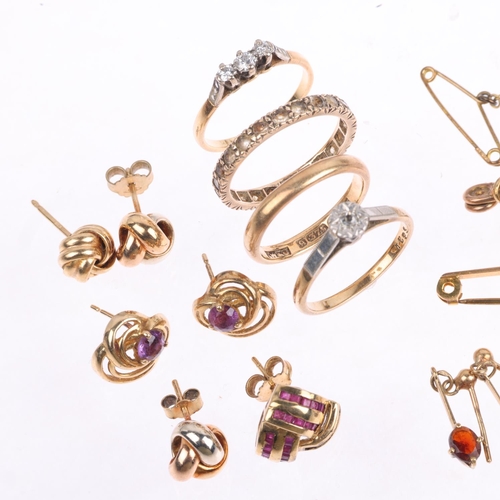 1545 - Various gold jewellery, comprising 2 x 18ct diamond rings, 4.1g, and various 9ct, 15.3g gross