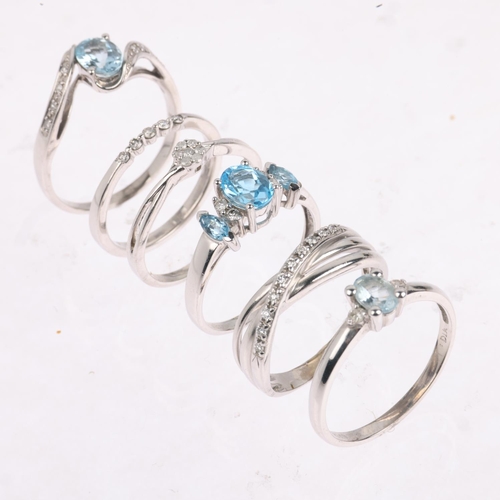 1547 - 6 x 9ct white gold gem set rings, sizes N, P x 2, Q x 2, and S, 13.4g total (6)