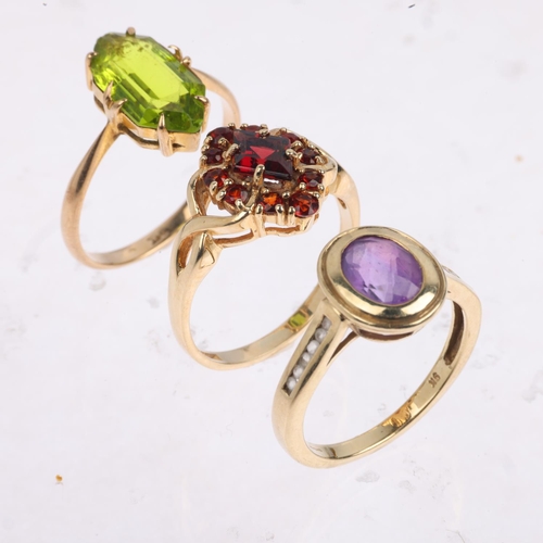 1548 - 3 x 9ct gold gem set rings, sizes O, and Q x 2, 8.9g total (3)