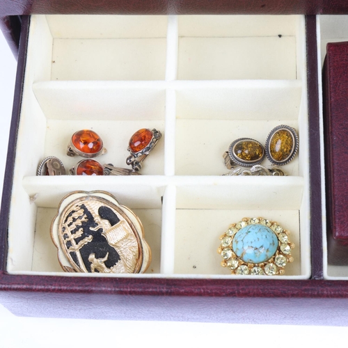 1562 - Various costume jewellery, including amber clip-on earrings, rings, wristwatches, etc