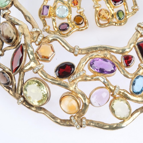 1564 - A heavy quality solid silver-gilt gem set collar bib necklace and earring set, by Peter Farrow, Lond... 