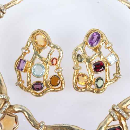 1564 - A heavy quality solid silver-gilt gem set collar bib necklace and earring set, by Peter Farrow, Lond... 