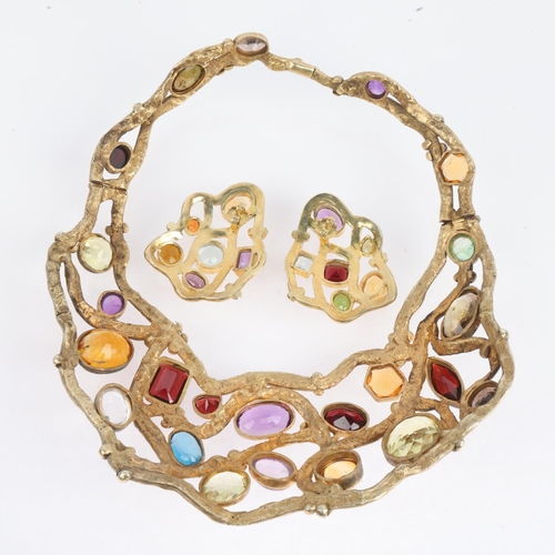 1564 - A heavy quality solid silver-gilt gem set collar bib necklace and earring set, by Peter Farrow, Lond... 