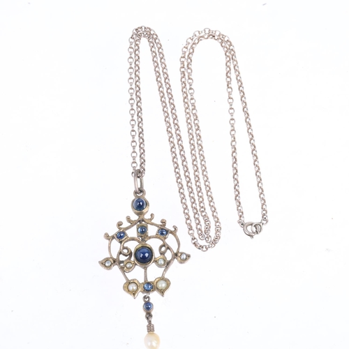 1565 - An Art Nouveau style sapphire and pearl openwork pendant necklace, apparently unmarked, on silver be... 