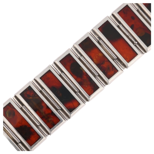 1578 - A late 20th century Polish sterling silver and Baltic amber panel bracelet, maker JZ, Gdansk, 20cm, ... 