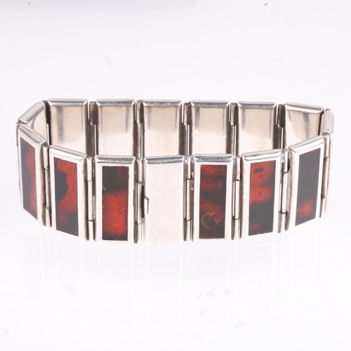 1578 - A late 20th century Polish sterling silver and Baltic amber panel bracelet, maker JZ, Gdansk, 20cm, ... 