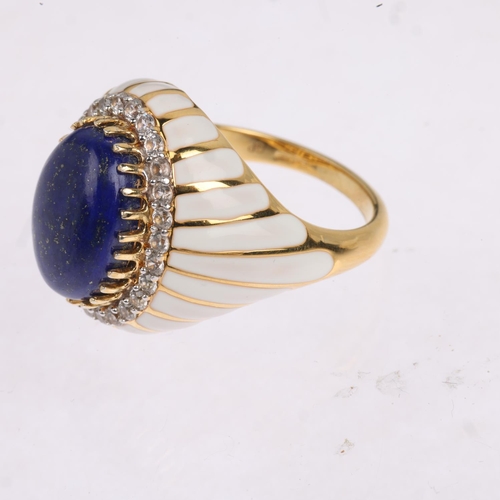 1579 - A sterling silver-gilt lapis lazuli cubic zirconia and white enamel dress ring, setting height 19.9m... 