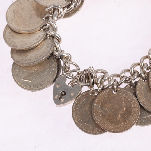 1584 - A silver curb link sixpence charm bracelet, 17cm, 92.1g