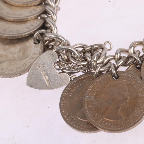 1584 - A silver curb link sixpence charm bracelet, 17cm, 92.1g