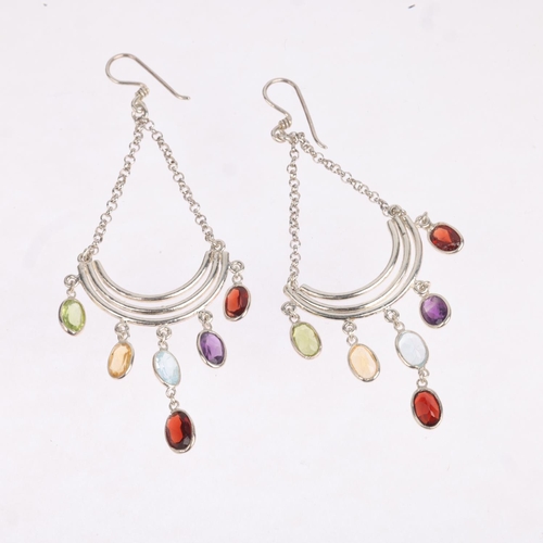 1597 - A pair of silver gem set drop earrings, with shepherd hook fittings, 71mm, 5.2g