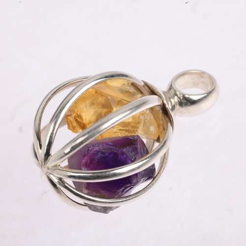 1602 - A sterling silver gem set cage pendant, containing rough amethyst and citrine, 36.3mm, 12.8g