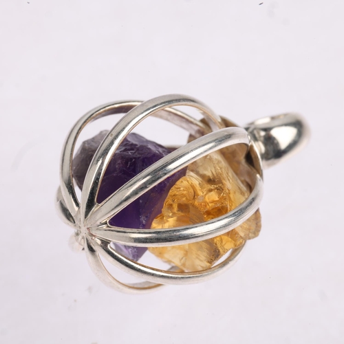 1602 - A sterling silver gem set cage pendant, containing rough amethyst and citrine, 36.3mm, 12.8g