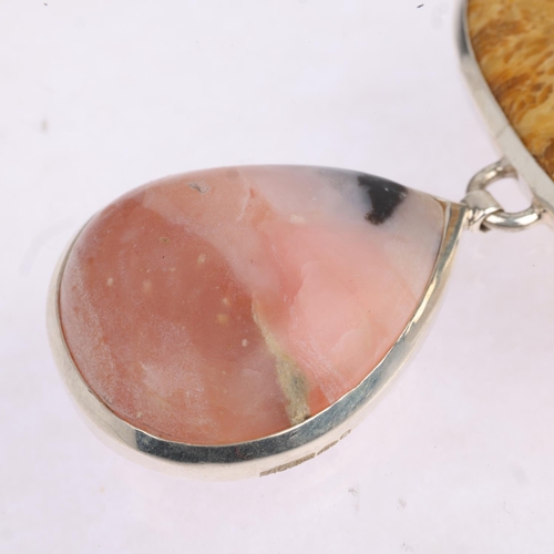 1603 - A large sterling silver gem set drop pendant, including central fossil panel, 93.1mm, 29.3g