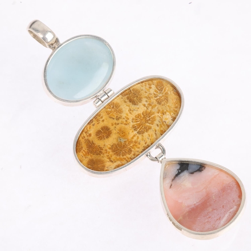 1603 - A large sterling silver gem set drop pendant, including central fossil panel, 93.1mm, 29.3g