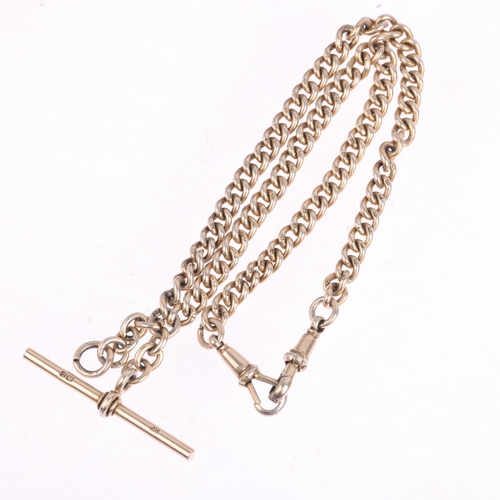 1606 - An Antique silver-gilt solid curb link Albert chain necklace, with silver T-bar and 2 dog clips, 34c... 